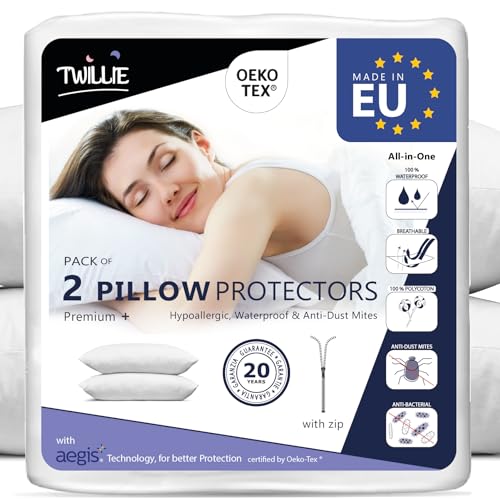 Twillie - Funda de Almohada Impermeable 50x75 cm - Juego de 2 cert. Oeko-Tex® - Aegis® – Protector de Almohada Hipoalergénico, Antiácaros, Antibacteriano, Antichinches 100% Polialgodón