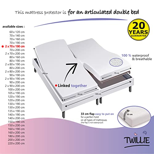 Twillie - (Juego de 1) Protector de Colchón Doble 2x70x190 cm Impermeable – para Cama ARTICULADA - Oeko-Tex® - Aegis® - Hecho en Europa, Hipoalergénica, Anti-Bacteriano, Antiácaros - 100% Polialgodón