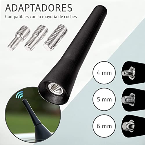 TYPICSHOP - Antena Coche Universal | Antena Coche Corta de 6,5cm, Radio Am/FM con Pack de 3 Adaptadores, Rosca 4, 5 y 6mm | Antena para Techo Coche | Antena para Coche