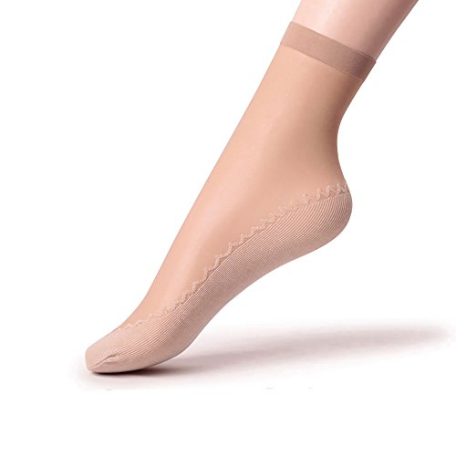 Ueither 12 pares de mujeres sedoso antideslizante de algodón único escarpado tobillo alta medias calcetería calcetines Dedo del pie reforzado (12 Pares Beige)