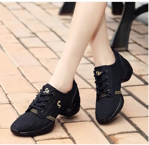 Uhclrr Zapatillas De Baile Femeninas Suelas Suaves Malla Femenina Ventilación Zapatos De Hip - Hop De Jazz Femenino Zapatos De Baile De Jazz Moderno(39EU, Black Gold)