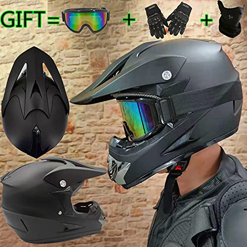 UIGJIOG Casco de Moto Negro Mate,Casco Cross with Gafas Guantes Máscara a Prueba de Viento Casco Descenso Incluye 4 Tamaños de Forro de Casco,A