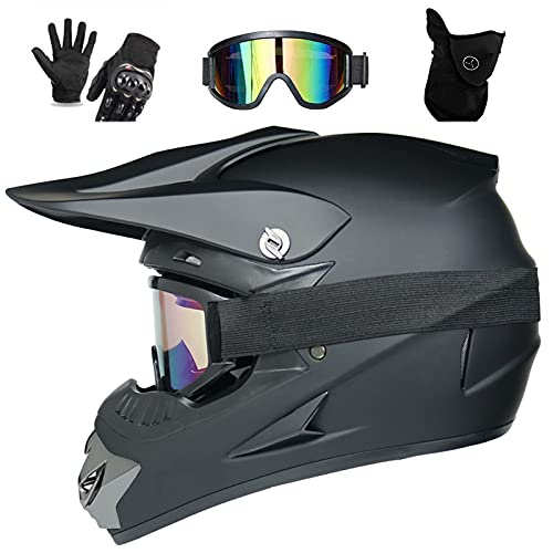 UIGJIOG Casco de Moto Negro Mate,Casco Cross with Gafas Guantes Máscara a Prueba de Viento Casco Descenso Incluye 4 Tamaños de Forro de Casco,A