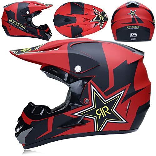 UIGJIOG Casco de Motocross,Casco de Cross de Moto Jet con Gafas Máscara Guantes,Deportes de Motos Off-Road Racing Downhill Enduro Casco ATV MTB BMX Quad Cascos de Motocicleta,Rojo,S(52~53cm)