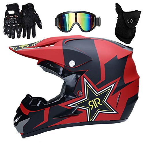 UIGJIOG Casco de Motocross,Casco de Cross de Moto Jet con Gafas Máscara Guantes,Deportes de Motos Off-Road Racing Downhill Enduro Casco ATV MTB BMX Quad Cascos de Motocicleta,Rojo,S(52~53cm)