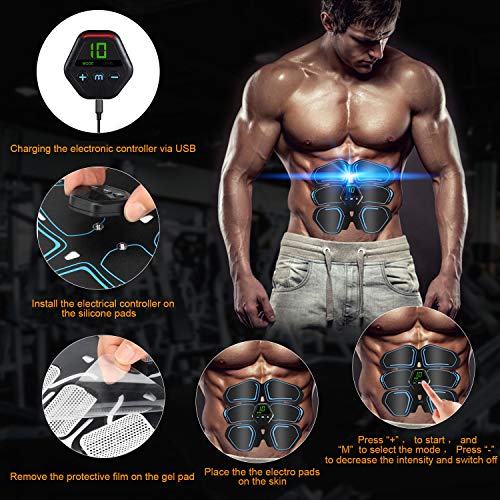 UIHOL Dispositivo de Entrenamiento EMS, Entrenador de músculos Abdominales EMS estimulador Muscular con Pantalla LCD, Entrenador Muscular portátil Recargable por USB, Adecuado para Mujeres y Hombres