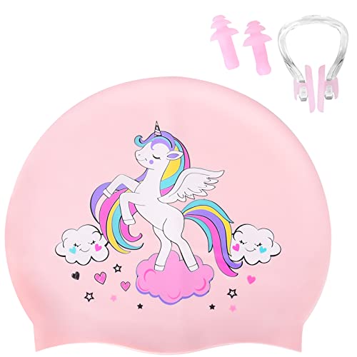 Ulikey Gorro Natación Silicona, Gorro de Baño Impermeable Antideslizante, Gorro para Piscina Niñas Niños, Gorros de Natación con Tapones de Oídos y Pinza Nasal para Cabello Largo y Corto (Unicornio)