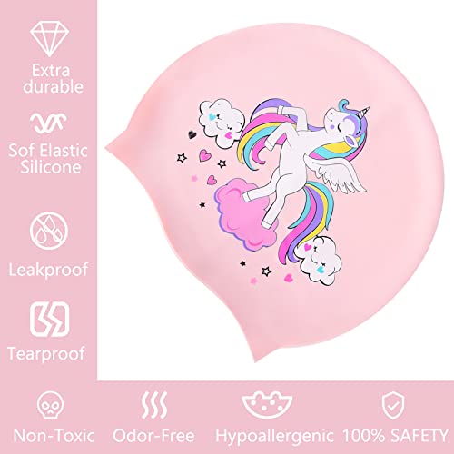 Ulikey Gorro Natación Silicona, Gorro de Baño Impermeable Antideslizante, Gorro para Piscina Niñas Niños, Gorros de Natación con Tapones de Oídos y Pinza Nasal para Cabello Largo y Corto (Unicornio)