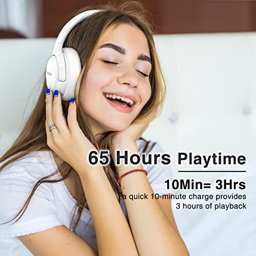 Uliptz - Auriculares Bluetooth 5.3 con Micro, 65 h de autonomía, 6 Modos de Sonido EQ, estéreo, Alta fidelidad, inalámbricos, circumaurales, Plegables, Ligeros, Viajes, Oficina, móvil, PC, Blancos