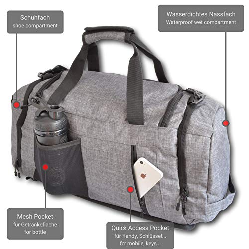 Ultimate Sportbag | Bolsa de Deporte con Compartimento para Zapatos y Compartimento húmedo con función de Mochila para Hombre y Mujer para Deporte, Entrenamiento, Gimnasio, calistenia, Viaje