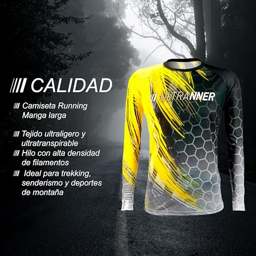 ULTRANNER Bernia - Camiseta Running para Hombre Manga Larga - Tejido Transpirable - Camiseta Ultraligera - Trail, Trekking y Montaña - Amarillo Manga Larga - Talla M