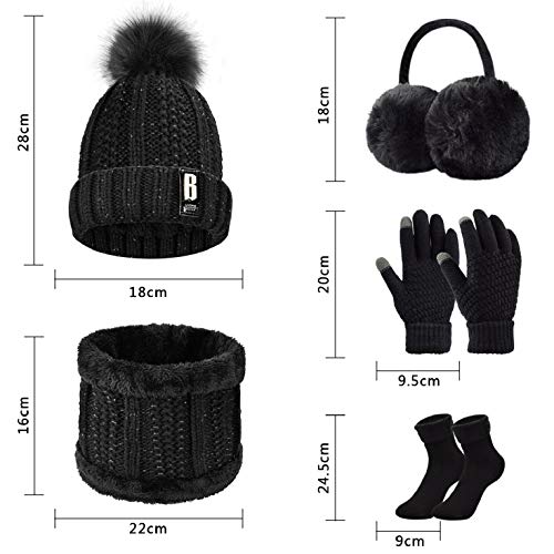 UMIPUBO Gorro Bufanda de Punto Guantes Invierno Set de Bufanda y Gorro Conjunto de Excursión Esquí de Invierno de Mujeres 5 Piezas, Gorro Bufanda Guantes de Punto Orejeros Medias (Negro, Talla única)