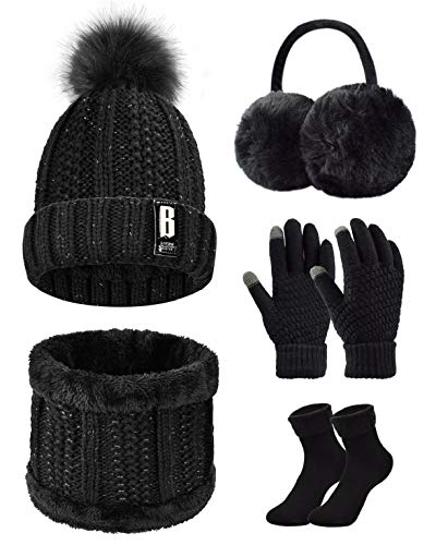 UMIPUBO Gorro Bufanda de Punto Guantes Invierno Set de Bufanda y Gorro Conjunto de Excursión Esquí de Invierno de Mujeres 5 Piezas, Gorro Bufanda Guantes de Punto Orejeros Medias (Negro, Talla única)