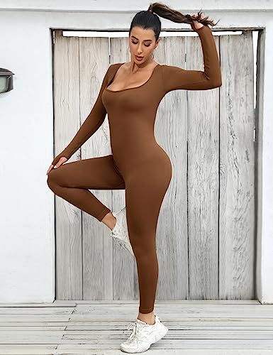 UMIPUBO Mono Deportivo Mujer Yoga Mono Manga Larga Ropa Deportiva de Cuello Cuadrado con Costilla Deportiva de Mujer Traje de Una Pieza Jumpsuit para Fitness(Café,L)