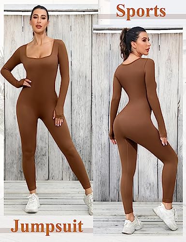 UMIPUBO Mono Deportivo Mujer Yoga Mono Manga Larga Ropa Deportiva de Cuello Cuadrado con Costilla Deportiva de Mujer Traje de Una Pieza Jumpsuit para Fitness(Café,L)