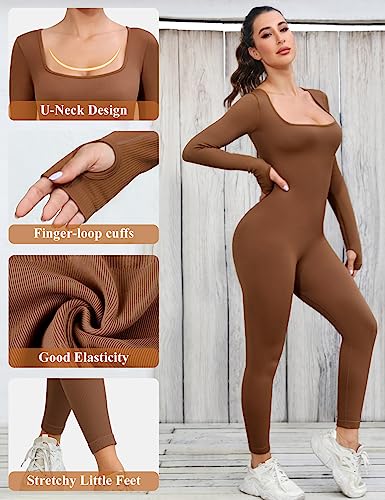 UMIPUBO Mono Deportivo Mujer Yoga Mono Manga Larga Ropa Deportiva de Cuello Cuadrado con Costilla Deportiva de Mujer Traje de Una Pieza Jumpsuit para Fitness(Café,L)