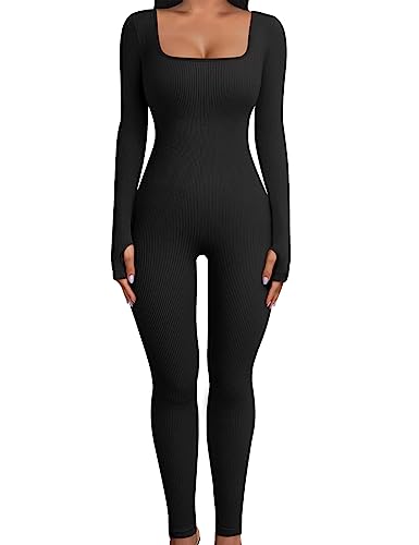 UMIPUBO Mono Deportivo Mujer Yoga Mono Manga Larga Ropa Deportiva de Cuello Cuadrado con Costilla Deportiva de Mujer Traje de Una Pieza Jumpsuit para Fitness(Negro,S)