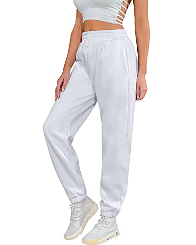 UMIPUBO Mujer Pantalones Casuales de chándal Pantalones Cálidos Pantalones Cintura Alta Elástico Cordón con Bolsillos Deportivos Joggers para Yoga Fitness(Blanco,S)