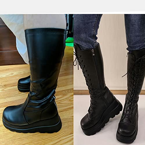 UMore Rodilla Alta Botas Mujer Tacón Bajo Zapato Señoras Nieve Botas Mujer Plataforma Botas de PU Piel Forrado Invierno Cálidas Antideslizante Hermoso Cremallera Casuales