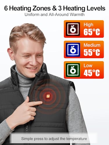 UNBON Chaleco Calefactable Hombre Mujer, Chaleco Calefactable con Batería 14400mAh, Chaleco Térmico Eléctrico con 6 Zonas Calefactables 3 Temperaturas, Chaleco Calentador para Moto Caza Negro XXL