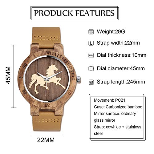 Unendlich U-Moda Casual Reloj de Madera de Bambú para Mujer y Hombre Reloj de Cuarzo Negocios con la Correa de Cuero Genuino Idea Regalo Navidad Diseño en Caballo