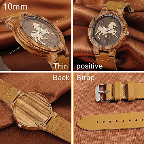 Unendlich U-Moda Casual Reloj de Madera de Bambú para Mujer y Hombre Reloj de Cuarzo Negocios con la Correa de Cuero Genuino Idea Regalo Navidad Diseño en Caballo