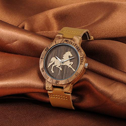 Unendlich U-Moda Casual Reloj de Madera de Bambú para Mujer y Hombre Reloj de Cuarzo Negocios con la Correa de Cuero Genuino Idea Regalo Navidad Diseño en Caballo