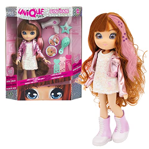 Unique Eyes - Sophia Wow Hair, muñeca Que te Sigue con los Ojos, 1 secador mágico Que Cambia su Pelo de Color, Looks con Gomas y Peine para Hacer Peinados, 3 Plantillas de Formas, Famosa