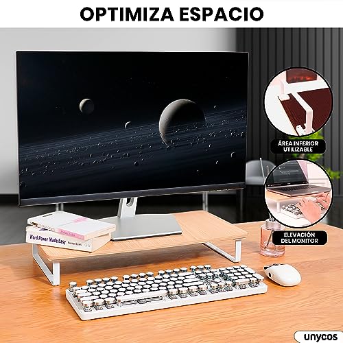 unycos - Elevador de Monitor, Soporte para Monitor Ergonómico y Antideslizante, Escritorio de 1 Nivel, Apto para Ordenador Portátil, Múltiples Monitores - 52,2 x 26,2 x 8 cm (Nuez sin Cajón)