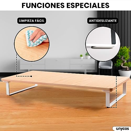 unycos - Elevador de Monitor, Soporte para Monitor Ergonómico y Antideslizante, Escritorio de 1 Nivel, Apto para Ordenador Portátil, Múltiples Monitores - 52,2 x 26,2 x 8 cm (Nuez sin Cajón)