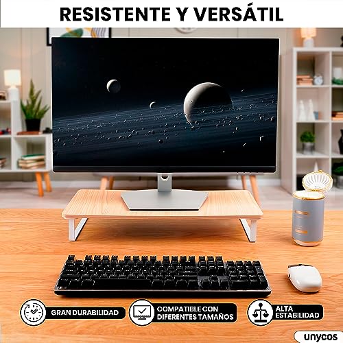 unycos - Elevador de Monitor, Soporte para Monitor Ergonómico y Antideslizante, Escritorio de 1 Nivel, Apto para Ordenador Portátil, Múltiples Monitores - 52,2 x 26,2 x 8 cm (Nuez sin Cajón)