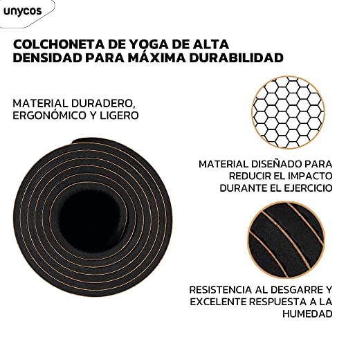 unycos - Esterilla de Yoga, Pilates y Fitness Antideslizante 183x61cm Colchoneta de Corcho Natural Hipoalergénico con Bolsa y Correa, Alfombra de Deporte Gruesa, Gym en Casa, Ecológica, No Tóxica