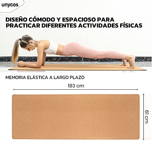 unycos - Esterilla de Yoga, Pilates y Fitness Antideslizante 183x61cm Colchoneta de Corcho Natural Hipoalergénico con Bolsa y Correa, Alfombra de Deporte Gruesa, Gym en Casa, Ecológica, No Tóxica