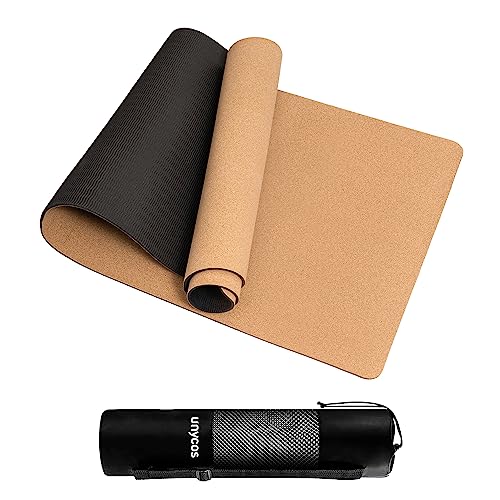 unycos - Esterilla de Yoga, Pilates y Fitness Antideslizante 183x61cm Colchoneta de Corcho Natural Hipoalergénico con Bolsa y Correa, Alfombra de Deporte Gruesa, Gym en Casa, Ecológica, No Tóxica