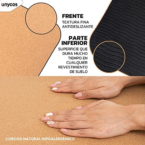 unycos - Esterilla de Yoga, Pilates y Fitness Antideslizante 183x61cm Colchoneta de Corcho Natural Hipoalergénico con Bolsa y Correa, Alfombra de Deporte Gruesa, Gym en Casa, Ecológica, No Tóxica