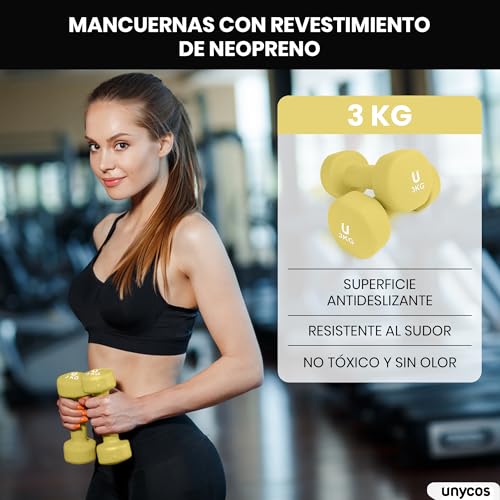 unycos - Par de Mancuernas y Pesas Antideslizantes de Neopreno, Disponibles de 1kg a 10kg con Diseño Anti-Rodadura, Ergonómicas, Entrenamiento de Fuerza/Fitness (Redondas, Amarillo 3kg)