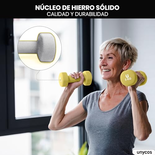 unycos - Par de Mancuernas y Pesas Antideslizantes de Neopreno, Disponibles de 1kg a 10kg con Diseño Anti-Rodadura, Ergonómicas, Entrenamiento de Fuerza/Fitness (Redondas, Amarillo 3kg)