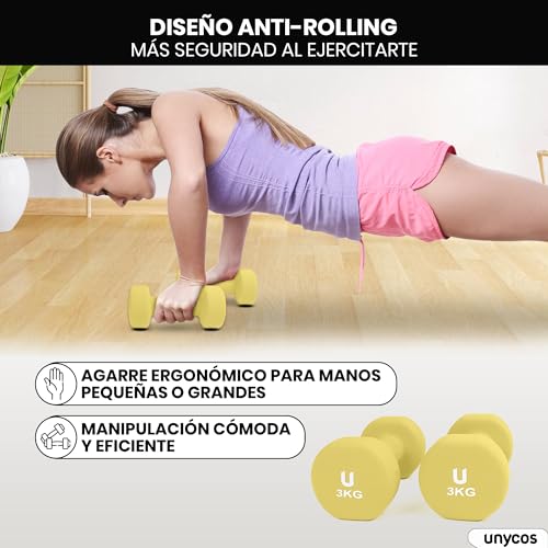 unycos - Par de Mancuernas y Pesas Antideslizantes de Neopreno, Disponibles de 1kg a 10kg con Diseño Anti-Rodadura, Ergonómicas, Entrenamiento de Fuerza/Fitness (Redondas, Amarillo 3kg)