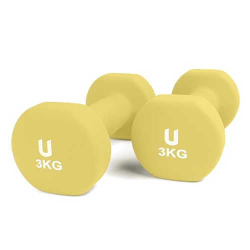 unycos - Par de Mancuernas y Pesas Antideslizantes de Neopreno, Disponibles de 1kg a 10kg con Diseño Anti-Rodadura, Ergonómicas, Entrenamiento de Fuerza/Fitness (Redondas, Amarillo 3kg)