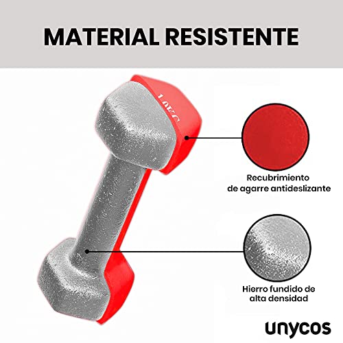 unycos - Par de Mancuernas y Pesas Antideslizantes de Neopreno, Disponibles de 1kg a 10kg con Diseño Anti-Rodadura, Ergonómicas, Entrenamiento de Fuerza/Fitness (Hexagonales, Rojo 1 kg)