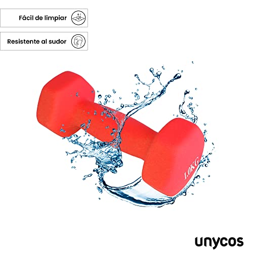 unycos - Par de Mancuernas y Pesas Antideslizantes de Neopreno, Disponibles de 1kg a 10kg con Diseño Anti-Rodadura, Ergonómicas, Entrenamiento de Fuerza/Fitness (Hexagonales, Rojo 1 kg)