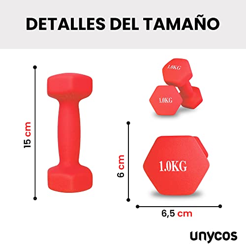 unycos - Par de Mancuernas y Pesas Antideslizantes de Neopreno, Disponibles de 1kg a 10kg con Diseño Anti-Rodadura, Ergonómicas, Entrenamiento de Fuerza/Fitness (Hexagonales, Rojo 1 kg)