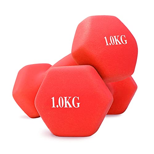 unycos - Par de Mancuernas y Pesas Antideslizantes de Neopreno, Disponibles de 1kg a 10kg con Diseño Anti-Rodadura, Ergonómicas, Entrenamiento de Fuerza/Fitness (Hexagonales, Rojo 1 kg)