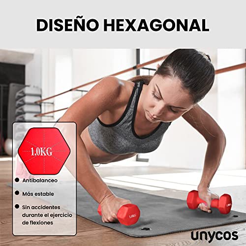 unycos - Par de Mancuernas y Pesas Antideslizantes de Neopreno, Disponibles de 1kg a 10kg con Diseño Anti-Rodadura, Ergonómicas, Entrenamiento de Fuerza/Fitness (Redondas, Amarillo 3kg)