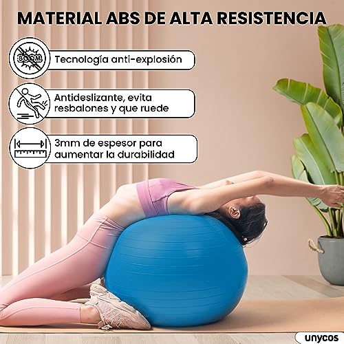 unycos - Pelota 55/65/75 cm de Pilates, Fitness, Yoga, Embarazo, Deporte, Fitball para Ejercicios de Gimnasia, Silla de Equilibrio, Anti-Reventones, Anti-Burst, No Tóxica | Incluye Inflador