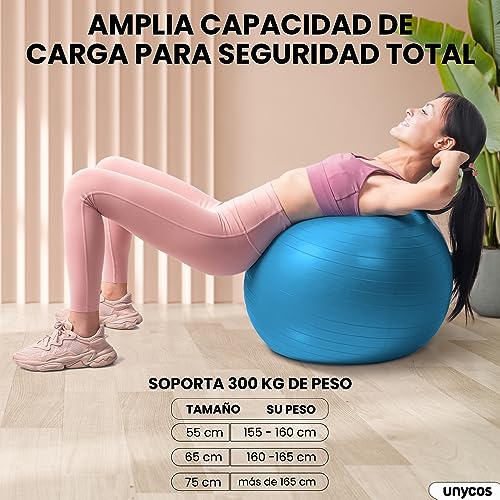 unycos - Pelota 55/65/75 cm de Pilates, Fitness, Yoga, Embarazo, Deporte, Fitball para Ejercicios de Gimnasia, Silla de Equilibrio, Anti-Reventones, Anti-Burst, No Tóxica | Incluye Inflador