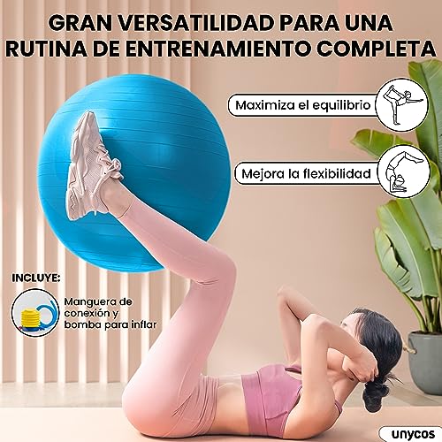 unycos - Pelota 55/65/75 cm de Pilates, Fitness, Yoga, Embarazo, Deporte, Fitball para Ejercicios de Gimnasia, Silla de Equilibrio, Anti-Reventones, Anti-Burst, No Tóxica | Incluye Inflador