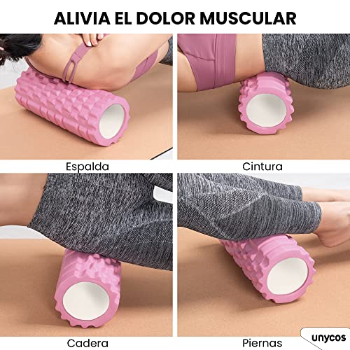 unycos - Rodillo de Masaje Muscular, Cilindro de Gomaespuma Multifuncional para Fisio, Fitness, Pilates, Yoga, Relajación y Recuperación, Foam Roller Ligero con 3 Niveles de Acción Terapéutica (Pink)