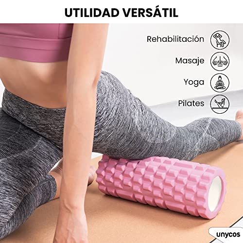 unycos - Rodillo de Masaje Muscular, Cilindro de Gomaespuma Multifuncional para Fisio, Fitness, Pilates, Yoga, Relajación y Recuperación, Foam Roller Ligero con 3 Niveles de Acción Terapéutica (Pink)