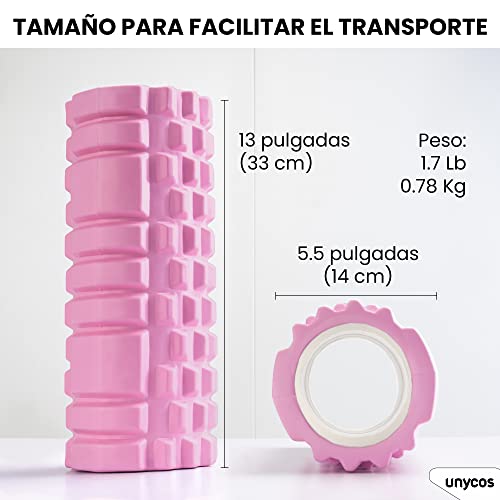 unycos - Rodillo de Masaje Muscular, Cilindro de Gomaespuma Multifuncional para Fisio, Fitness, Pilates, Yoga, Relajación y Recuperación, Foam Roller Ligero con 3 Niveles de Acción Terapéutica (Pink)